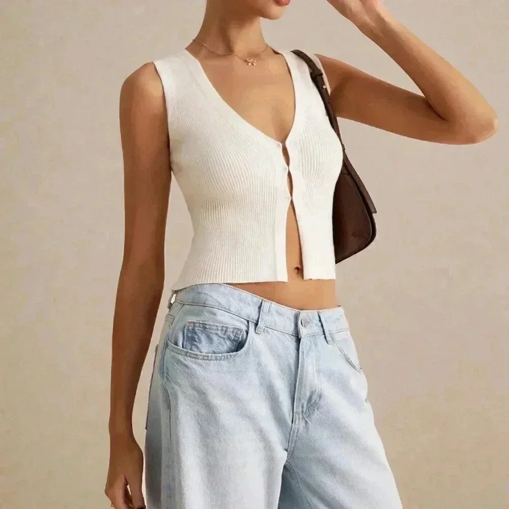 Beige Casual Women's Solid Color Sleeveless Knit Top Tank - Picture 2 of 7